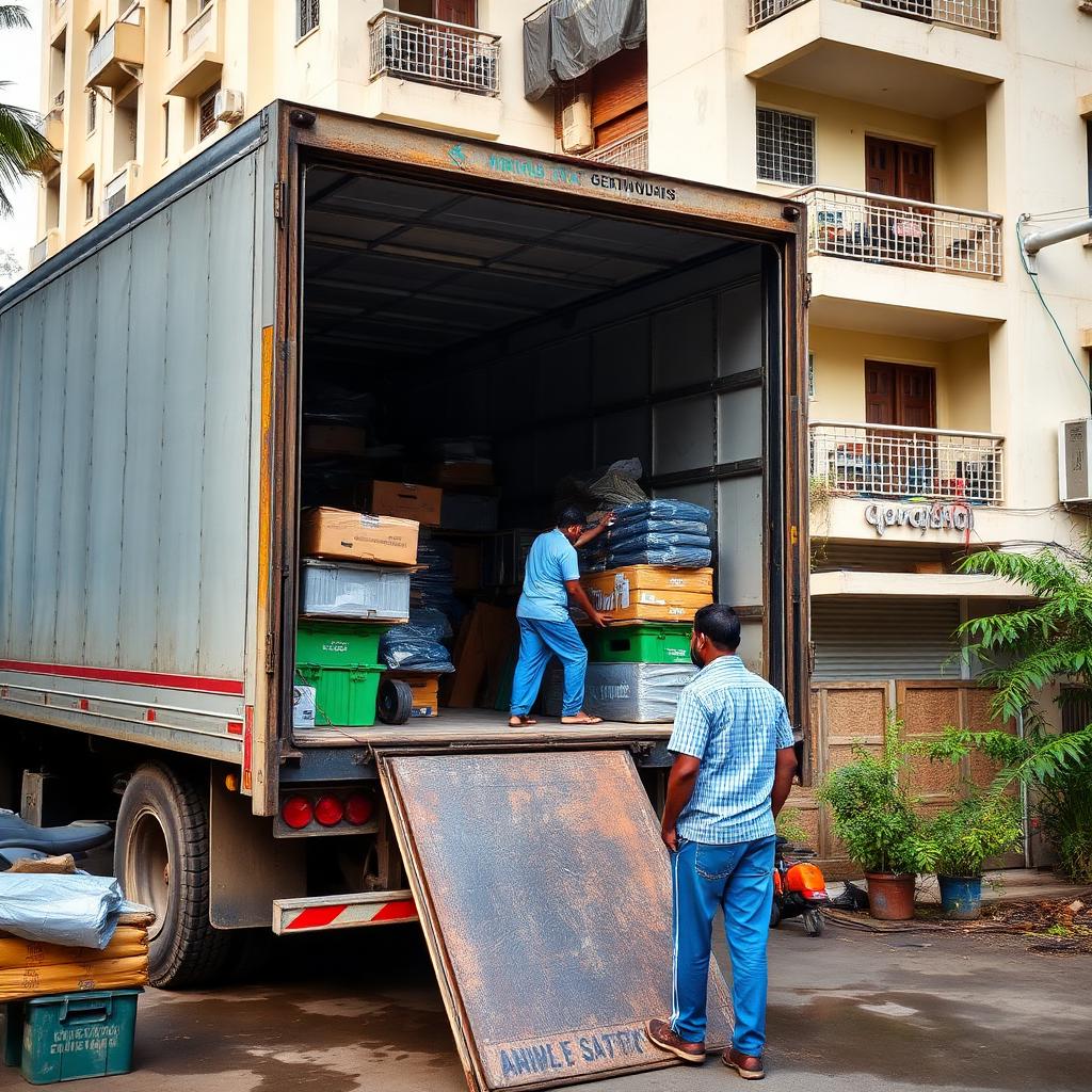 Loading a moving truck outside a Visakhapatnam apartment