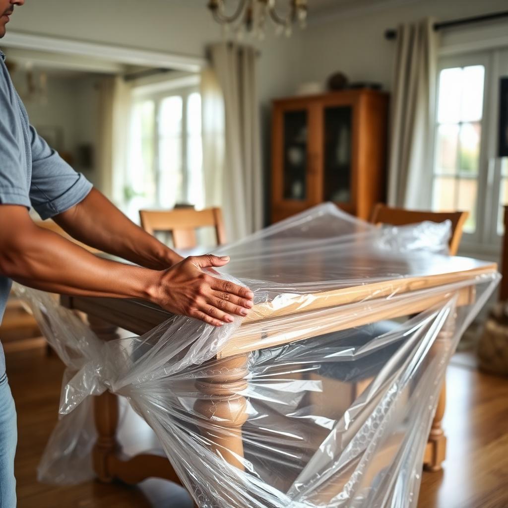 Wrapping a dining table with protective film