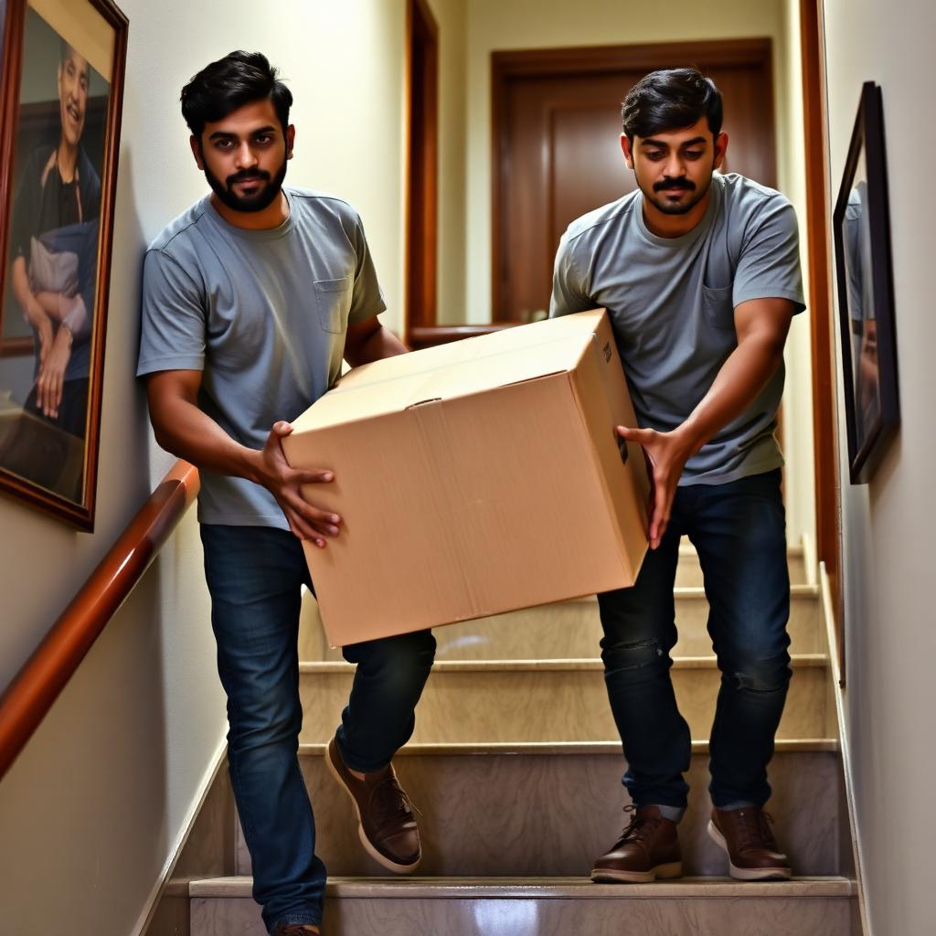 Movers carrying a sealed carton down the stairs
