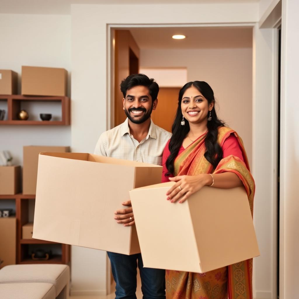 Happy family receiving their belongings at the new home