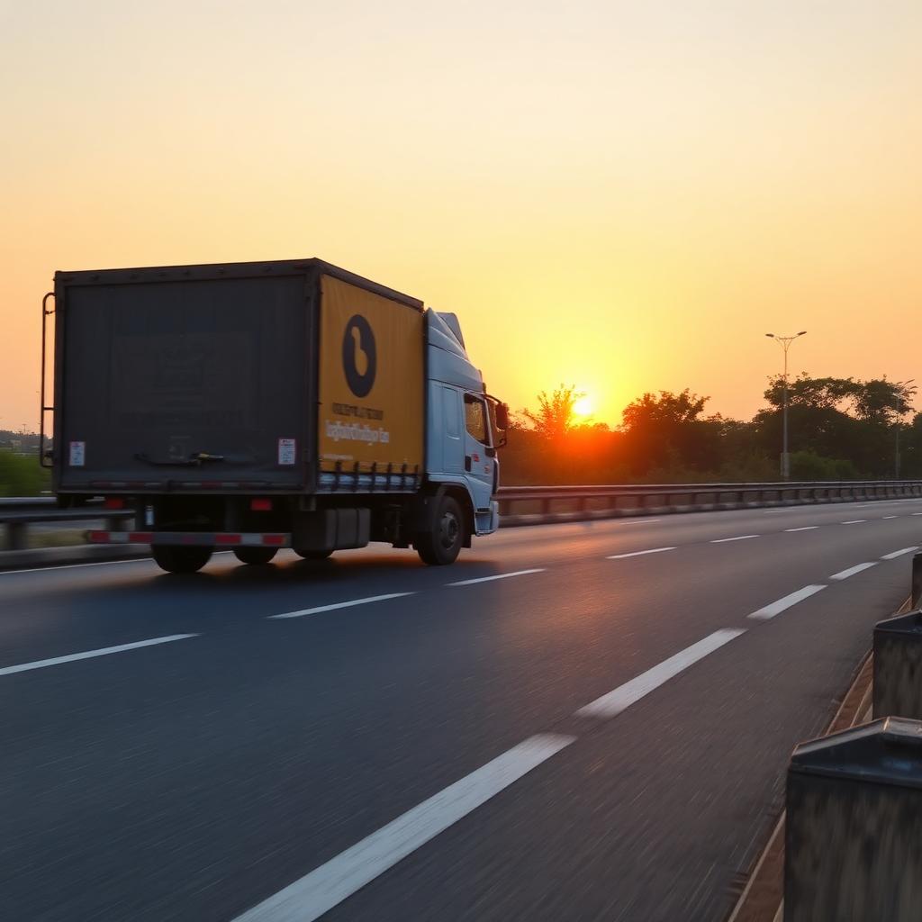 Moving truck on the highway at sunset
